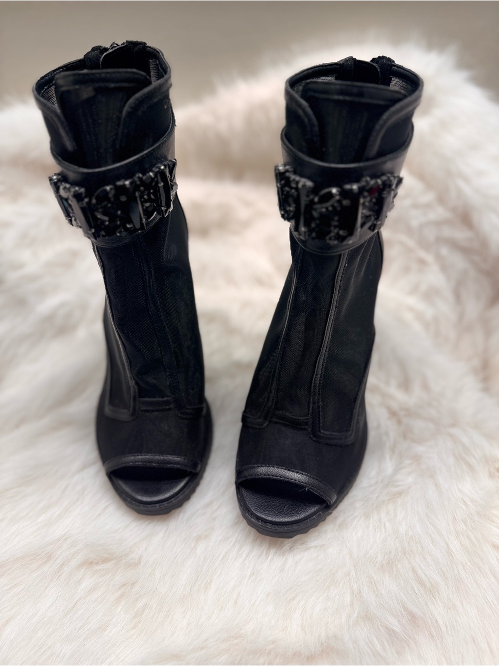 Karl Lagerfeld Black Open-Toe Ankle Heeled Boots with Buckle Accent